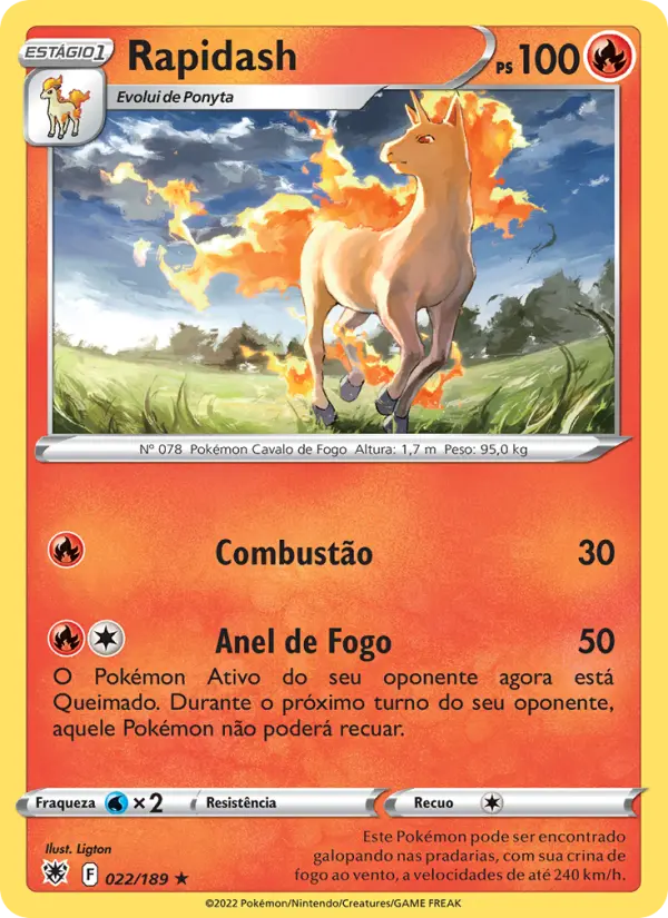 Carta Rapidash, número 022/189 da coleção Estrelas Radiantes