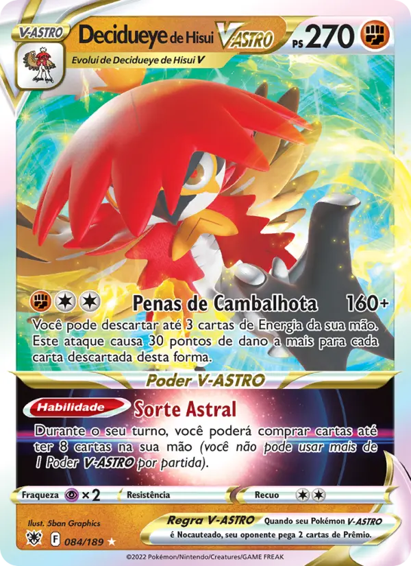 Carta Decidueye de Hisui V-ASTRO, número 084/189 da coleção Estrelas Radiantes