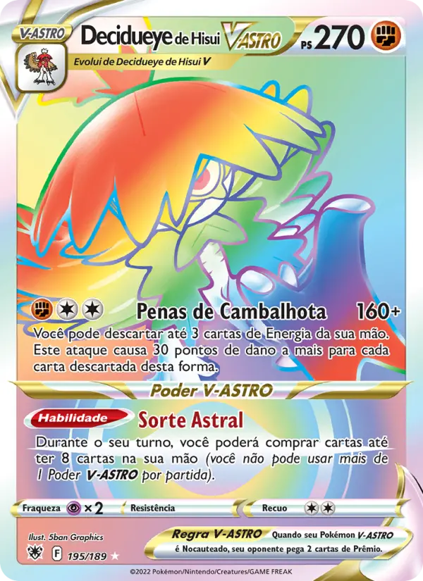 Carta Decidueye de Hisui V-ASTRO, número 195/189 da coleção Estrelas Radiantes