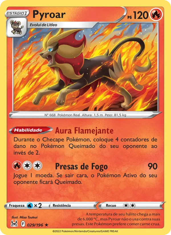 Carta Pyroar, número 029/196 da coleção Origem Perdida
