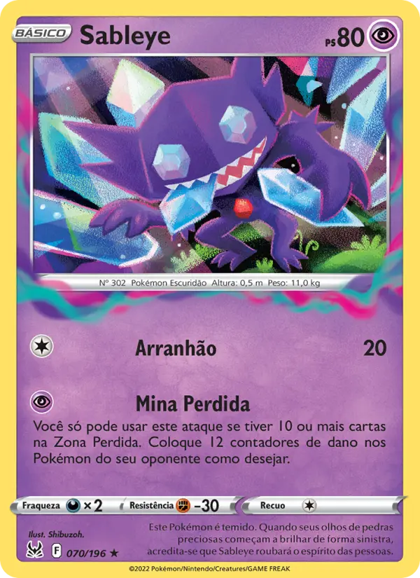 Carta Sableye, número 070/196 da coleção Origem Perdida