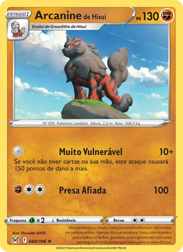 Carta Arcanine de Hisui, número 084/196 da coleção Origem Perdida