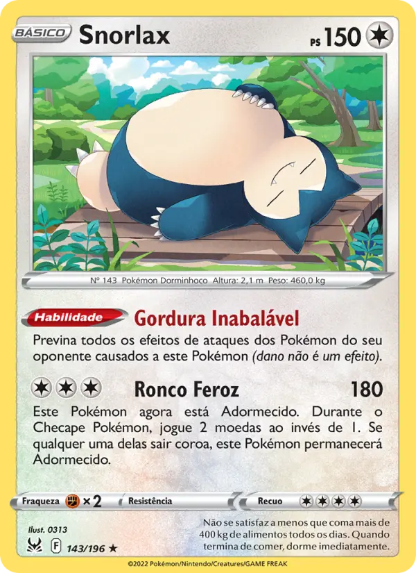Carta Snorlax, número 143/196 da coleção Origem Perdida