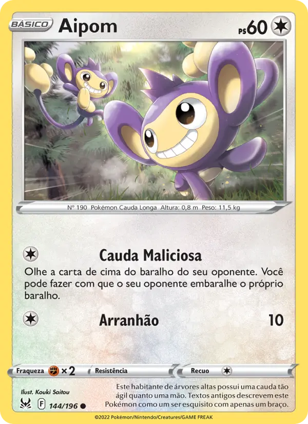Carta Aipom, número 144/196 da coleção Origem Perdida