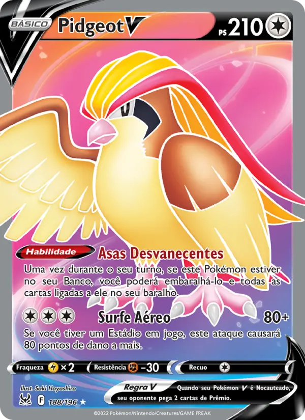 Carta Pidgeot V, número 188/196 da coleção Origem Perdida
