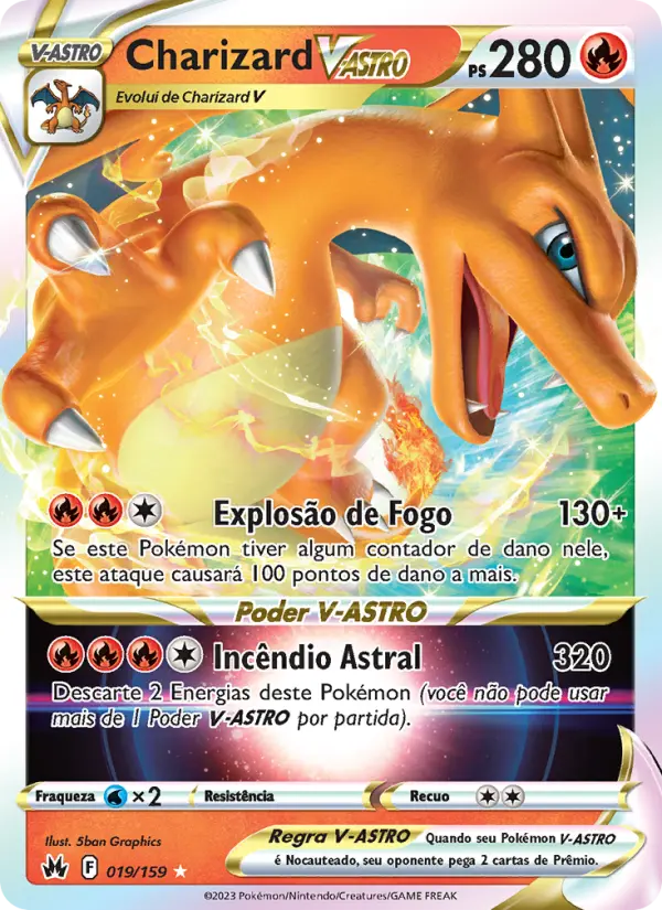 Carta Charizard V-ASTRO, número 019/159 da coleção Realeza Absoluta