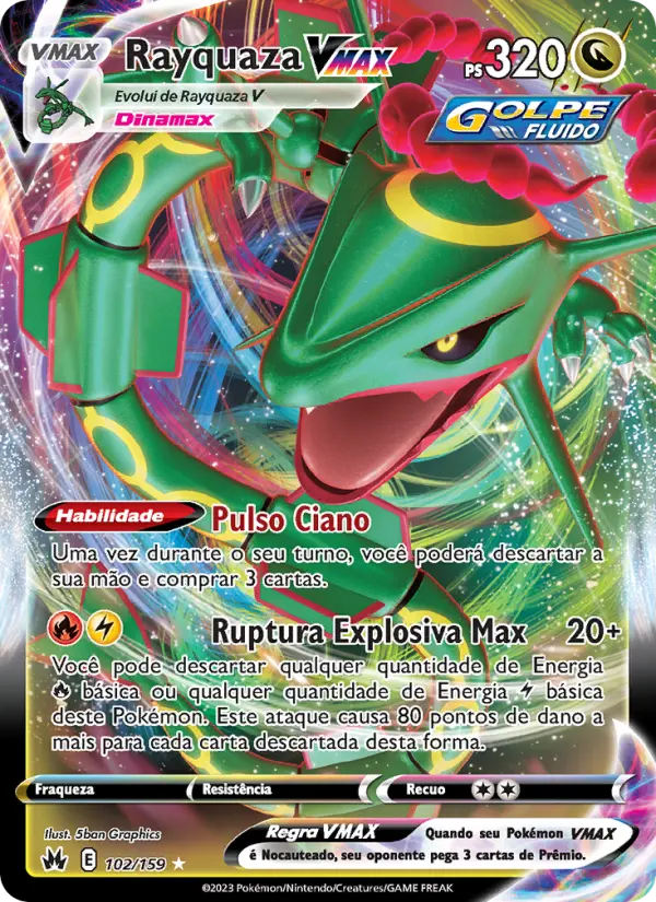 Carta Rayquaza VMAX, número 102/159 da coleção Realeza Absoluta