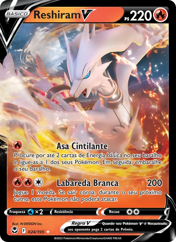 Carta Reshiram V, número 024/195 da coleção Tempestade Prateada