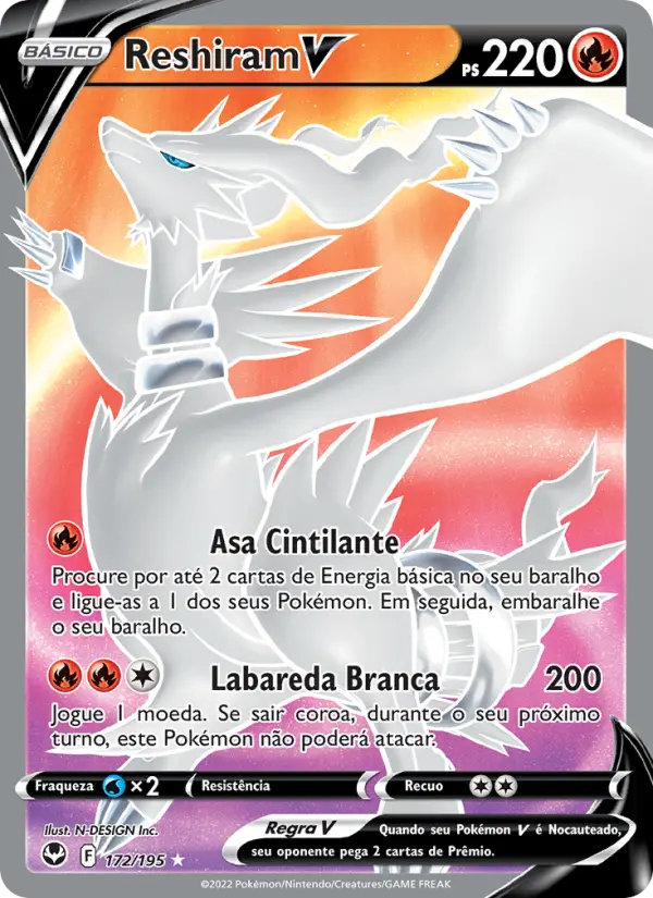Carta Reshiram V, número 172/195 da coleção Tempestade Prateada