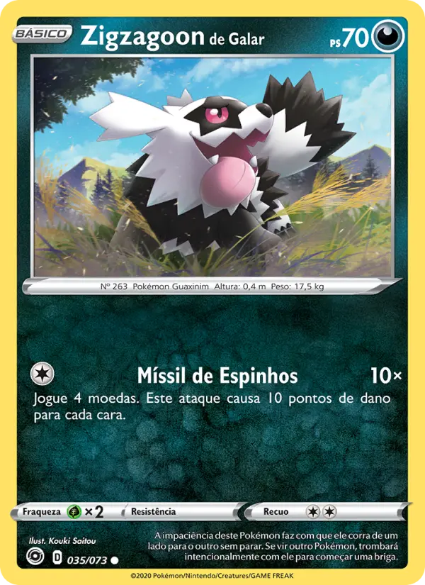 Carta Zigzagoon de Galar, número 35/73 da coleção Caminho do Campeão