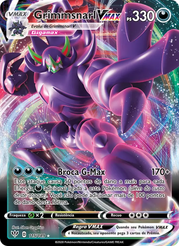 Carta Grimmsnarl VMAX, número 115/189 da coleção Escuridão Incandescente