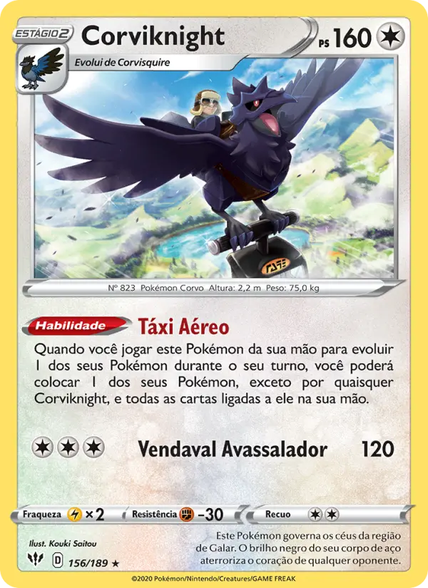 Carta Corviknight, número 156/189 da coleção Escuridão Incandescente