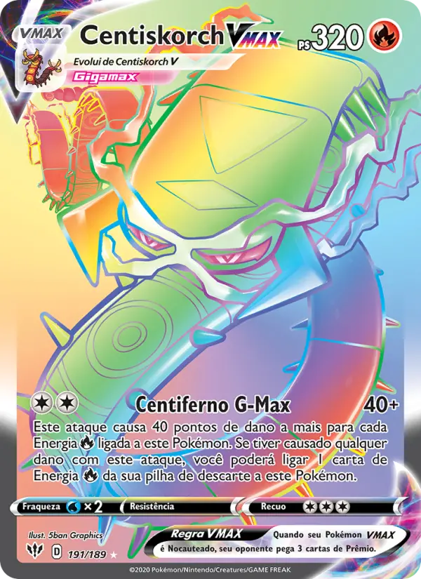 Carta Centiskorch VMAX, número 191/189 da coleção Escuridão Incandescente
