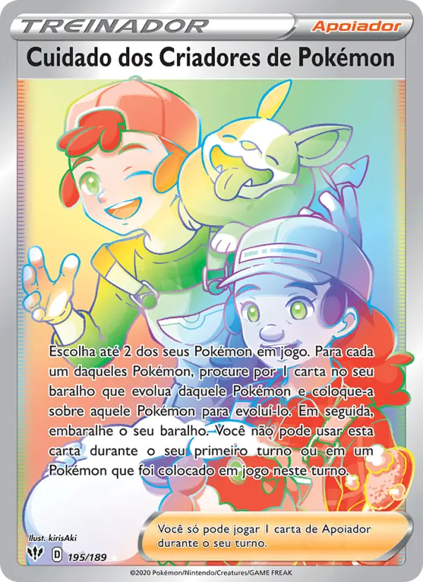 Carta Cuidado dos Criadores de Pokémon, número 195/189 da coleção Escuridão Incandescente