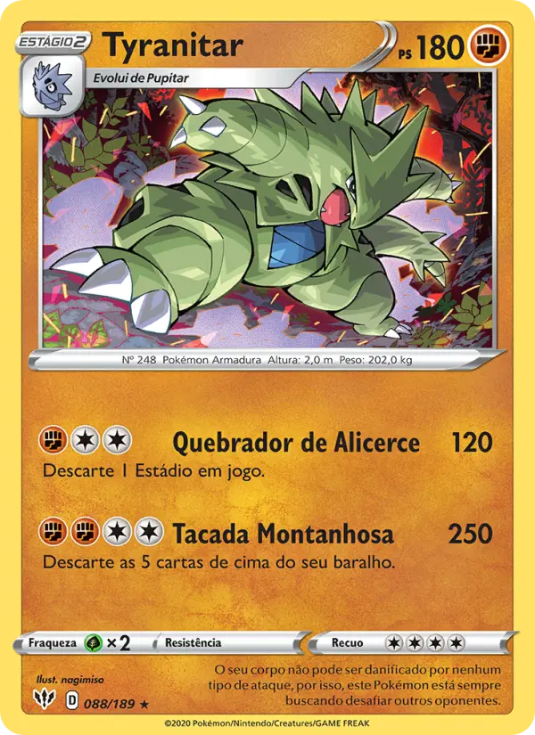 Carta Tyranitar, número 88/189 da coleção Escuridão Incandescente