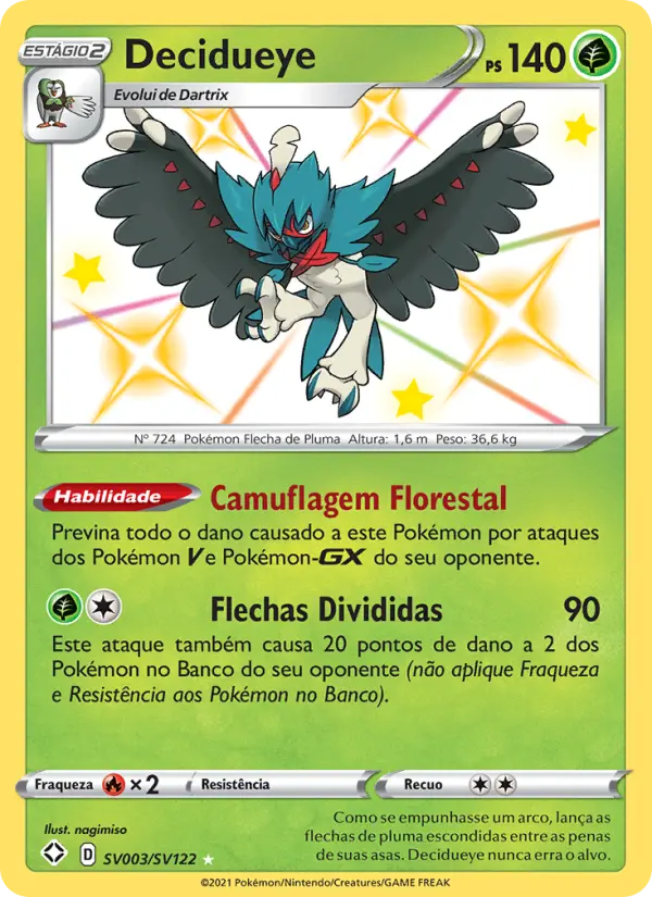 Carta Decidueye, número SV003/122 da coleção Destinos Brilhantes Cofre Brilhante