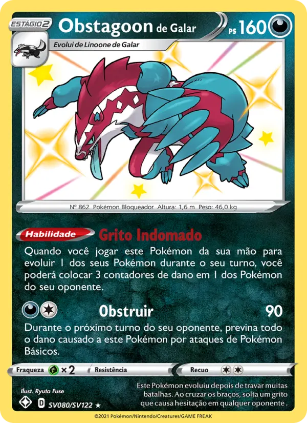 Carta Obstagoon de Galar, número SV080/122 da coleção Destinos Brilhantes Cofre Brilhante