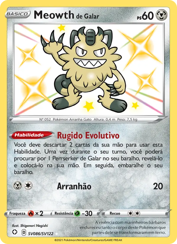 Carta Meowth de Galar, número SV086/122 da coleção Destinos Brilhantes Cofre Brilhante