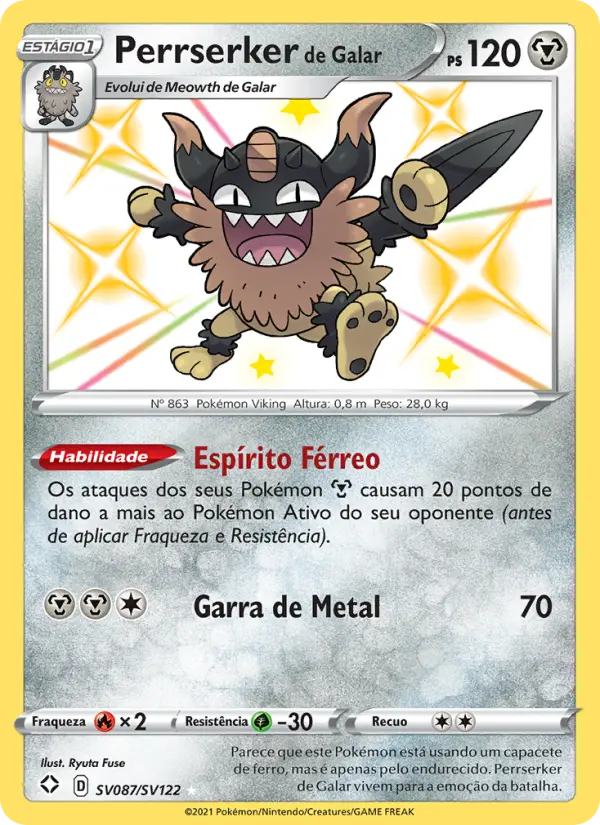 Carta Perrserker de Galar, número SV087/122 da coleção Destinos Brilhantes Cofre Brilhante