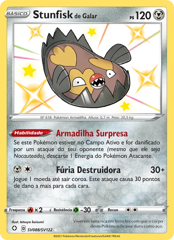 Carta Stunfisk de Galar, número SV088/122 da coleção Destinos Brilhantes Cofre Brilhante