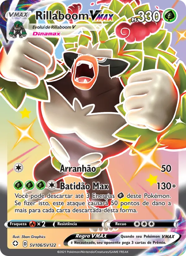 Carta Rillaboom VMAX, número SV106/122 da coleção Destinos Brilhantes Cofre Brilhante