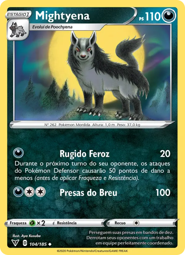 Carta Mightyena, número 104/185 da coleção Voltagem Vívida