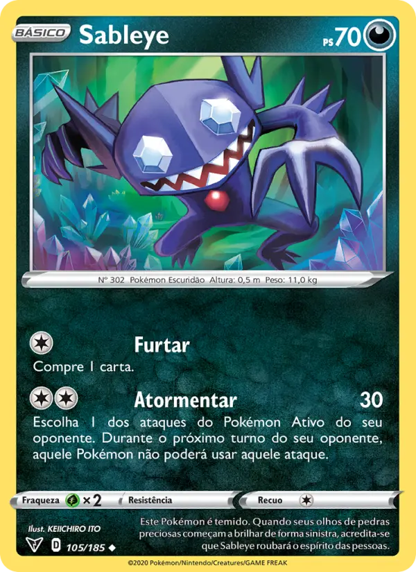 Carta Sableye, número 105/185 da coleção Voltagem Vívida