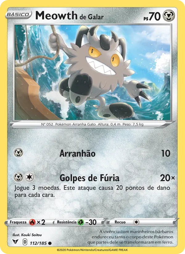 Carta Meowth de Galar, número 112/185 da coleção Voltagem Vívida