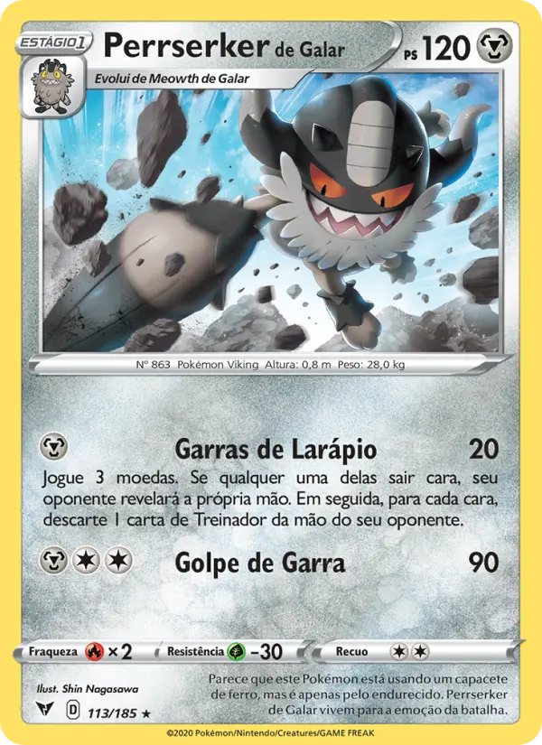 Carta Perrserker de Galar, número 113/185 da coleção Voltagem Vívida