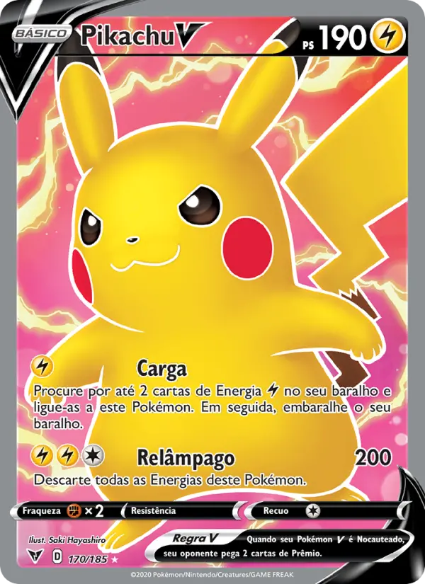 Carta Pikachu V, número 170/185 da coleção Voltagem Vívida