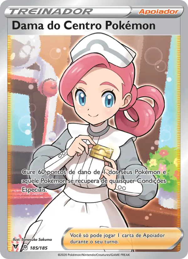 Carta Dama do Centro Pokémon, número 185/185 da coleção Voltagem Vívida