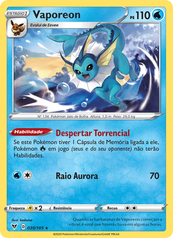 Carta Vaporeon, número 30/185 da coleção Voltagem Vívida