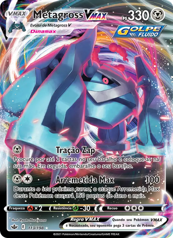Carta Metagross VMAX, número 113/198 da coleção Reinado Arrepiante