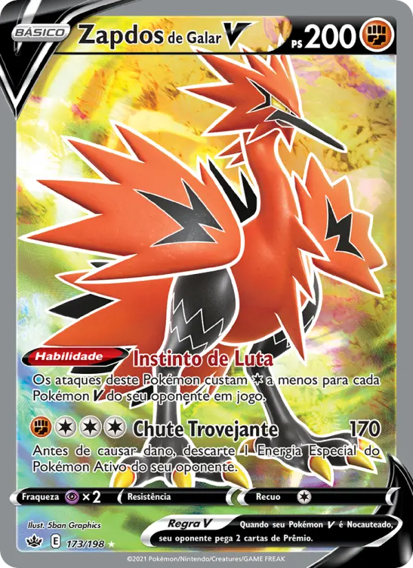 Carta Zapdos de Galar V, número 173/198 da coleção Reinado Arrepiante