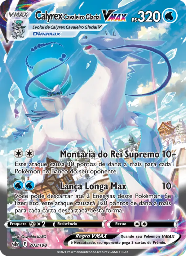 Carta Calyrex Cavaleiro Glacial VMAX, número 203/198 da coleção Reinado Arrepiante