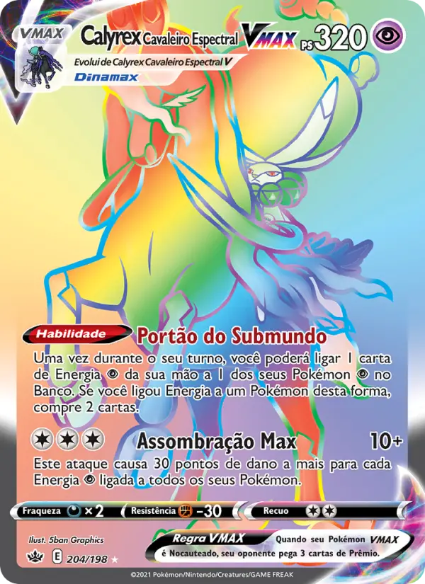 Carta Calyrex Cavaleiro Espectral VMAX, número 204/198 da coleção Reinado Arrepiante