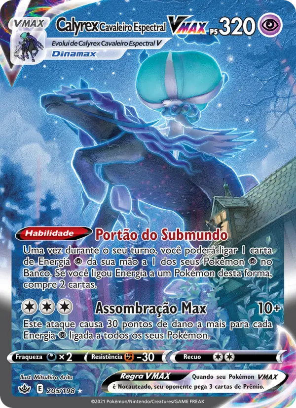 Carta Calyrex Cavaleiro Espectral VMAX, número 205/198 da coleção Reinado Arrepiante