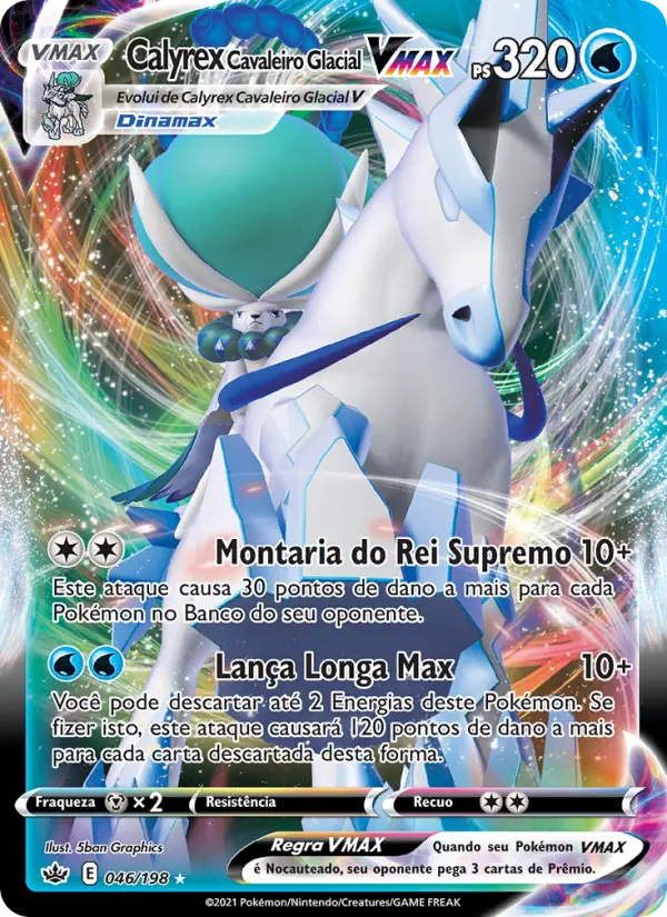 Carta Calyrex Cavaleiro Glacial VMAX, número 46/198 da coleção Reinado Arrepiante