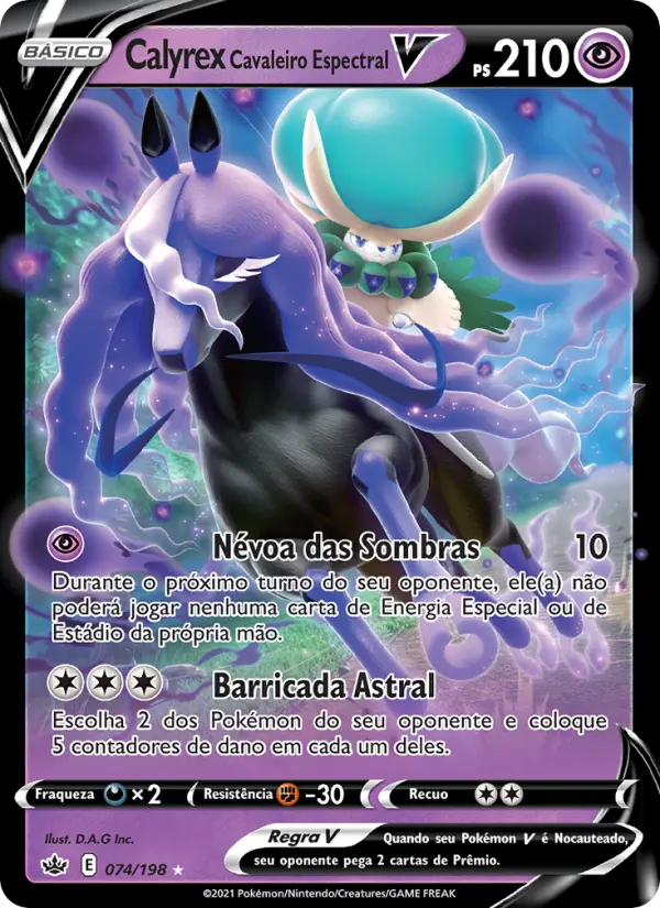 Carta Calyrex Cavaleiro Espectral V, número 74/198 da coleção Reinado Arrepiante