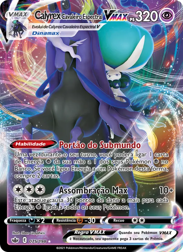 Carta Calyrex Cavaleiro Espectral VMAX, número 75/198 da coleção Reinado Arrepiante