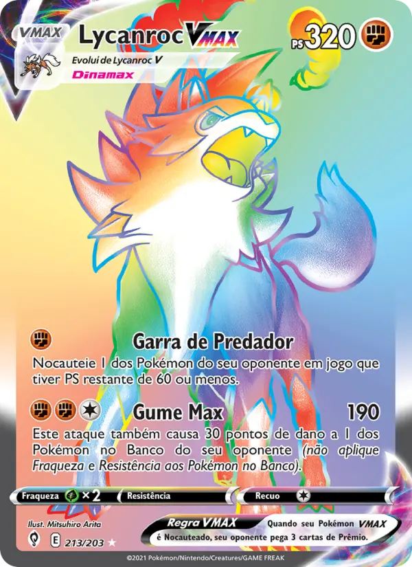 Carta Lycanroc VMAX, número 213/203 da coleção Céus em Evolução