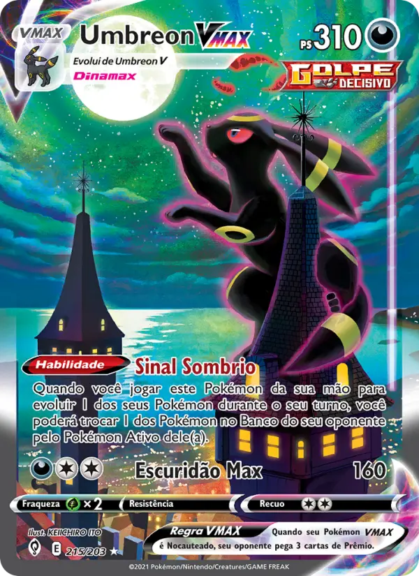 Carta Umbreon VMAX, número 215/203 da coleção Céus em Evolução