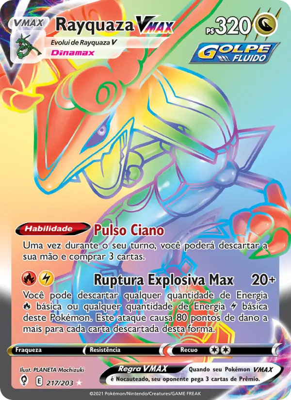 Carta Rayquaza VMAX, número 217/203 da coleção Céus em Evolução