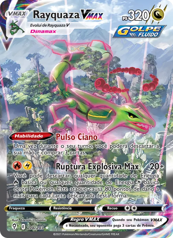 Carta Rayquaza VMAX, número 218/203 da coleção Céus em Evolução