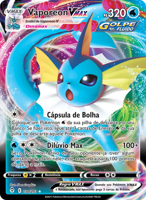 Carta Vaporeon VMAX, número 30/203 da coleção Céus em Evolução