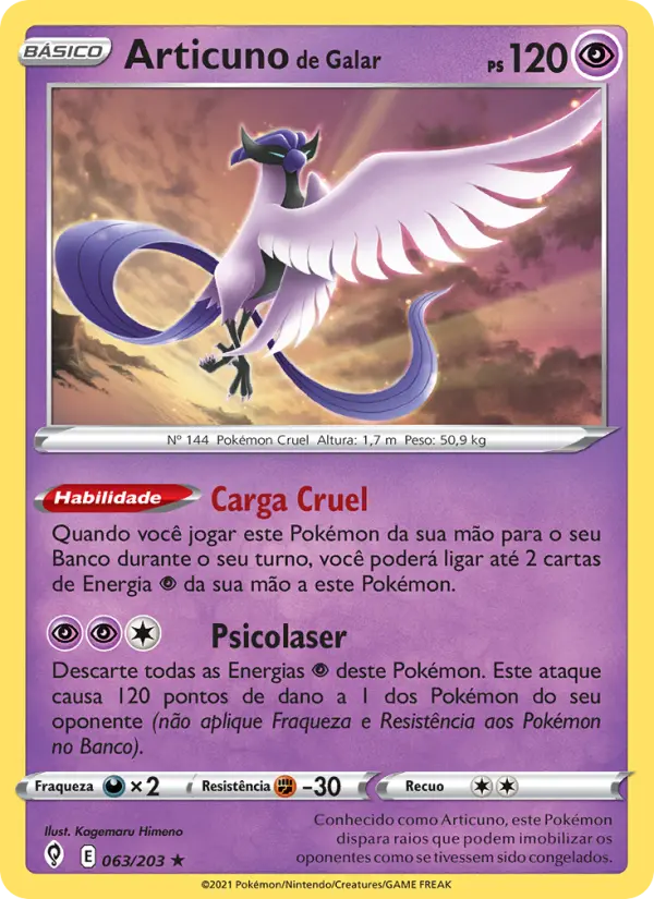 Carta Articuno de Galar, número 63/203 da coleção Céus em Evolução