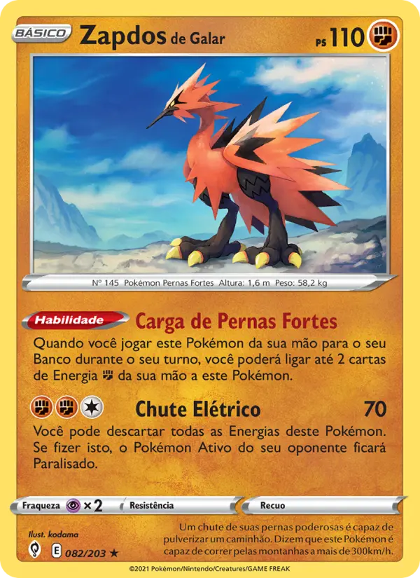 Carta Zapdos de Galar, número 82/203 da coleção Céus em Evolução