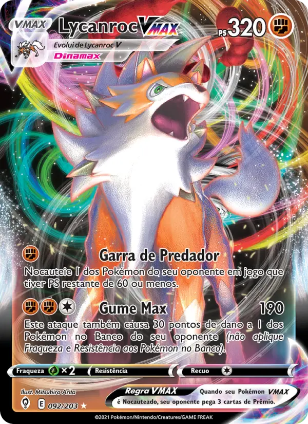 Carta Lycanroc VMAX, número 92/203 da coleção Céus em Evolução