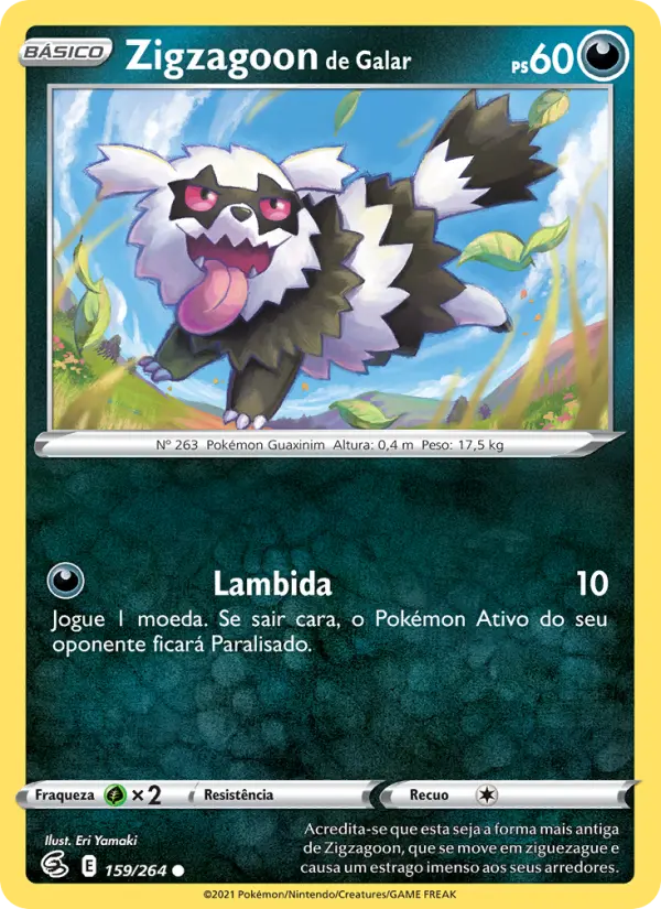 Carta Zigzagoon de Galar, número 159/264 da coleção Golpe Fusão