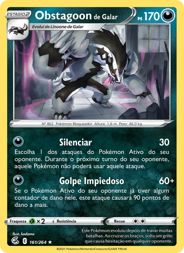 Carta Obstagoon de Galar, número 161/264 da coleção Golpe Fusão